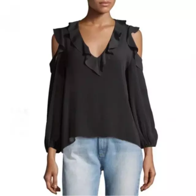 Alice + Olivia Gia Chiffon Sheer Cold-Shoulder Ruffle Blouse Black Small