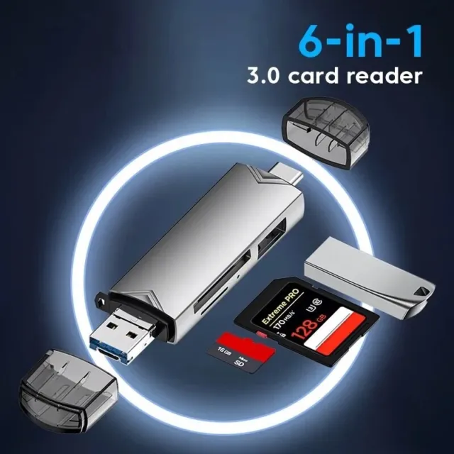 Lecteur de Carte SD USB 3.0 Multifonction 6 en 1 - Type-C, Micro USB, SD/TF
