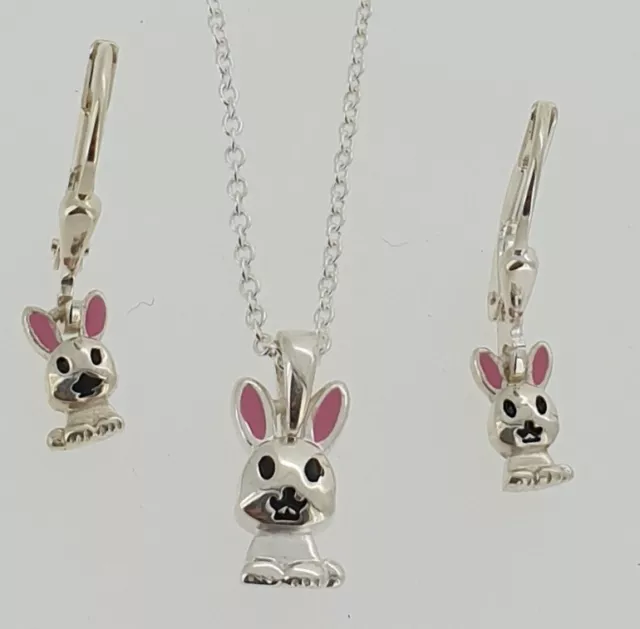 Echt Silber 925 Mädchen Schmuck Set Hasen Ohrringe und Hase Anhänger Kette 38 cm 2