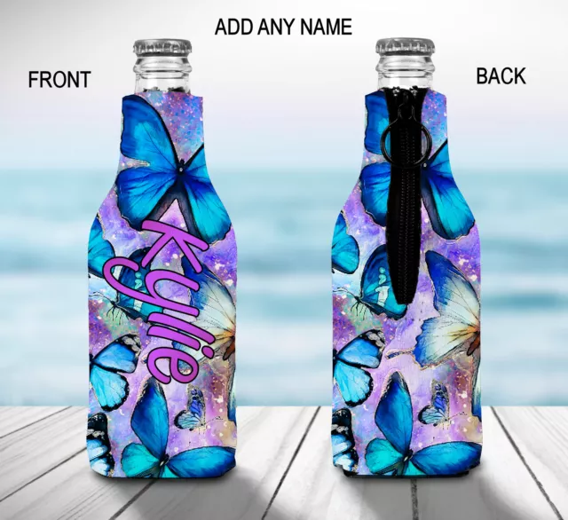 Butterflies Stubby Holder Zip Up Bottle Cooler Collapsible Personalised