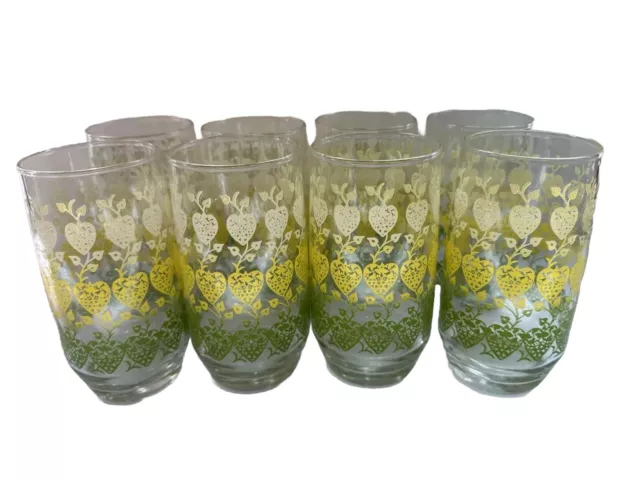 8 Heart Drinking Glasses, Ombre Yellow, Green & White Lace Heart Anchor Hocking