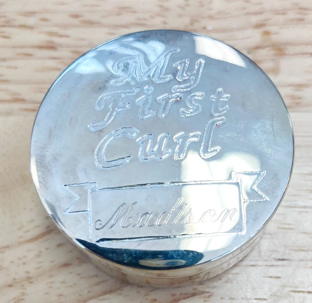 Baby Keepsake My First Curl Engraved “Madison” trinket box Silver Plate Velvet