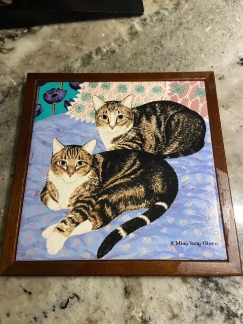 Vintage Avon Tile Trivet Mimi Vang Olsen 2 Cats Purrfect Friends Framed 7x7