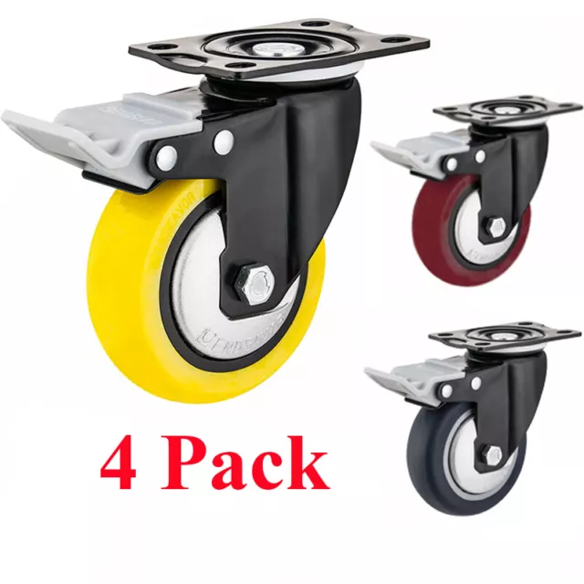 4 Pack 5" Caster Wheels Swivel Plate Polyurethane Heavy Duty Wheels With Brake