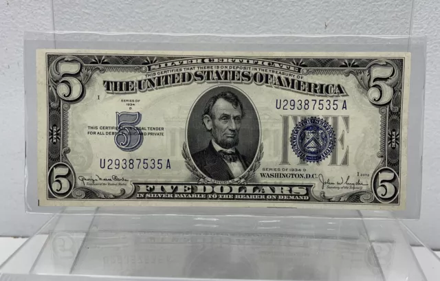 1934-D $5 Silver Certificate Blue Seal Crsip Uncirculated UA Block