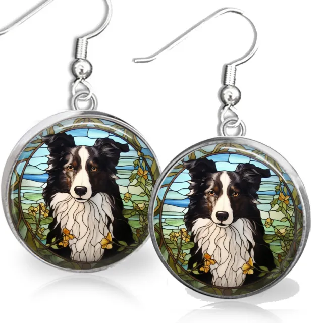 Border Collie Dog Earrings Faux Stained Glass Silver Charm Dangle Dog Mom Gift