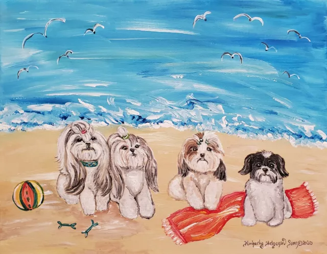 SHIH TZU on the BEACH Art Print 4x6 Dog Collectible Signed by Artist KSams
