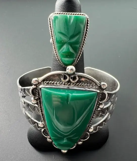 Ethnic Southwest 925 Sterling Silver Green Agate Mask Bracelet Ring Set Lot