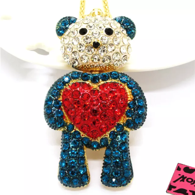 New Fashion Women Blue Rhinestone Bear Heart Crystal Pendant Chain Necklace
