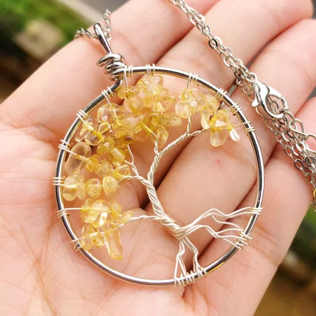 Natural Yellow Crystal Gems Tree Of Life Necklace Chakra Reiki Healing Amulet