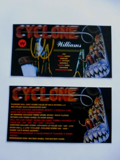 * * 'CYCLONE' Williams 1988 Custom Instruction/Apron Cards  * * (New)