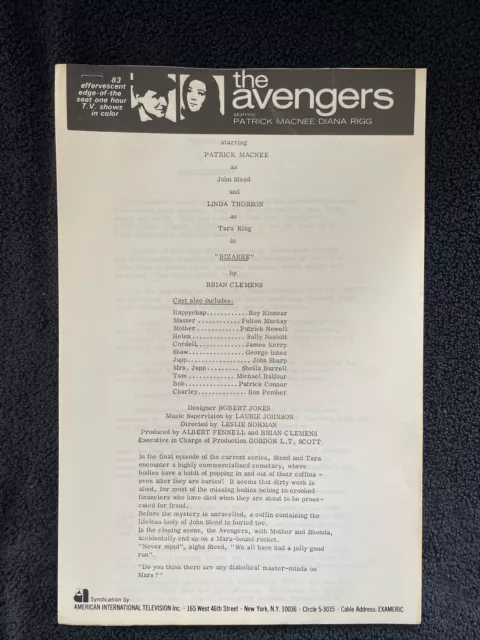 The avengers Patrick MacNee Diana Riggs Bizarre episode script synapsis Press