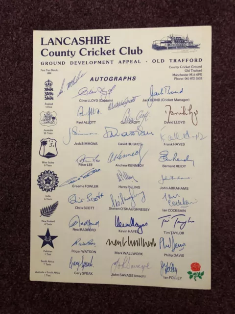 Cricket autograph team sheet Lancashire