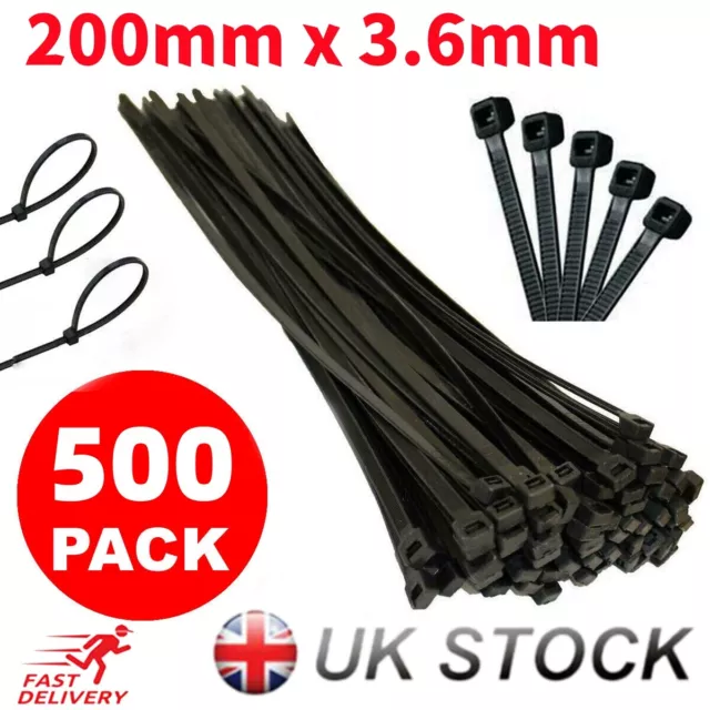 500 X Black Cable Ties 200Mm X 3.6Mm Nylon Plastic Heavy Duty Zip Tie Wraps Uk