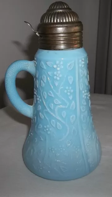 TREE OF LIFE  HOBBS? Antique  BLUE OPAQUE LAVENDER VINES CHALLINOR SYRUP PITCHER