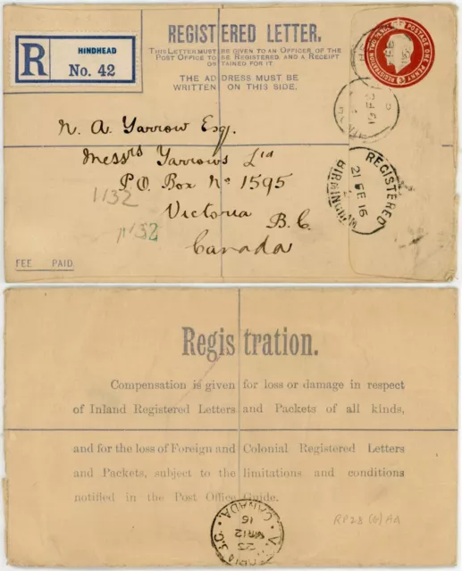 GB KG5 1916 REGISTERED STATIONERY HINDHEAD SURREY 3d RATE to BRITISH COLUMBIA