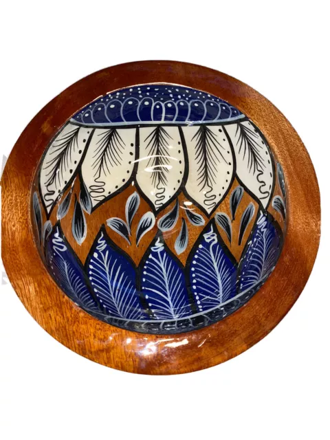Hand painted Vintage Wooden Lacquered Bowl Floral Blue & White 2