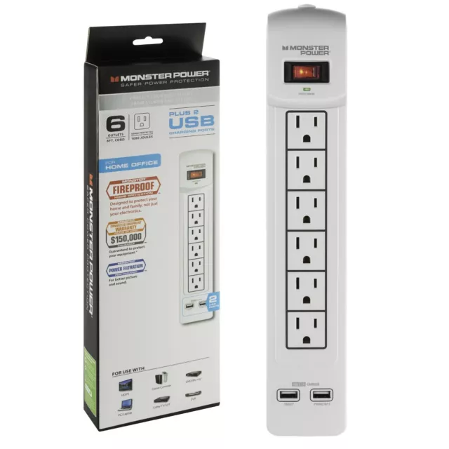 Surge Protector 6 Outlet Power with USB 6ft Cord Monster Power 121888-00 Single