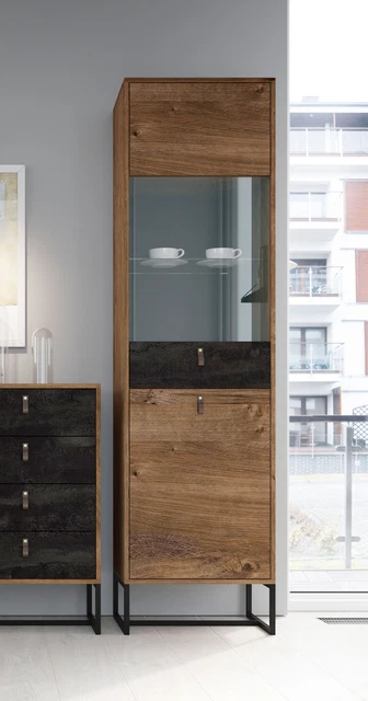 Vetrina stand ""Dark"" vetrina in vetro 53 cm rovere a costine pietra nera