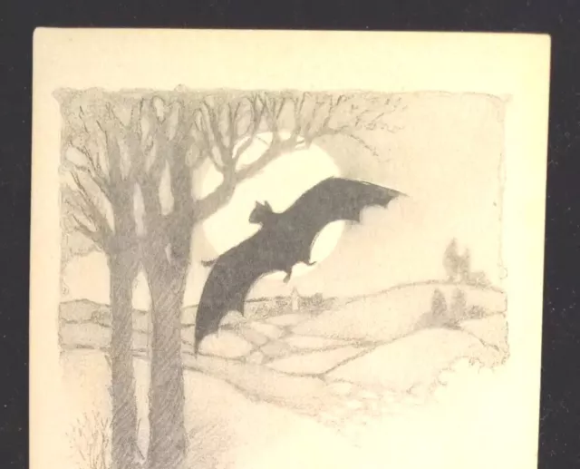Antique Vntg Halloween Postcard, Gibson Sepia, Bat & Full Moon, Unused Rare