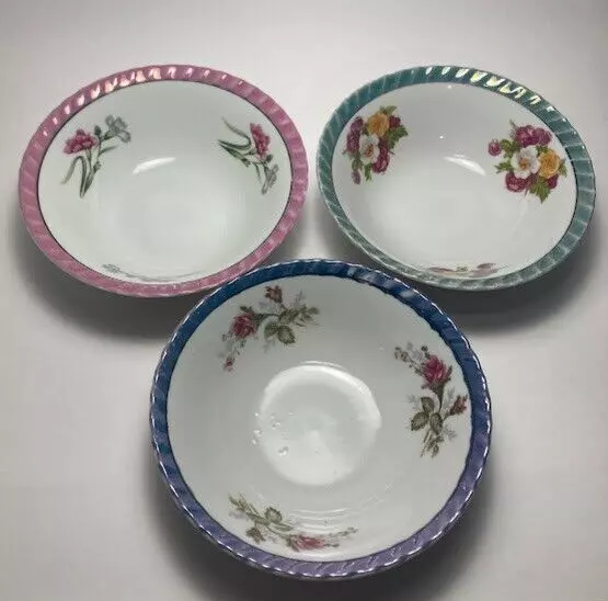 3 YAMATSU Japan Serving Bowls Lustre Scalloped Rim 7" Floral Pink Purple Green