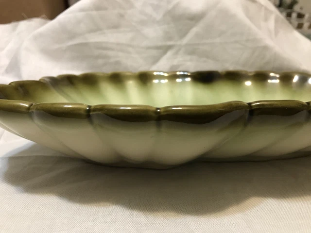 Vintage Hull Pottery #31 Green Ombre Dish ~ Scalloped Edges ~ 10.5 Long