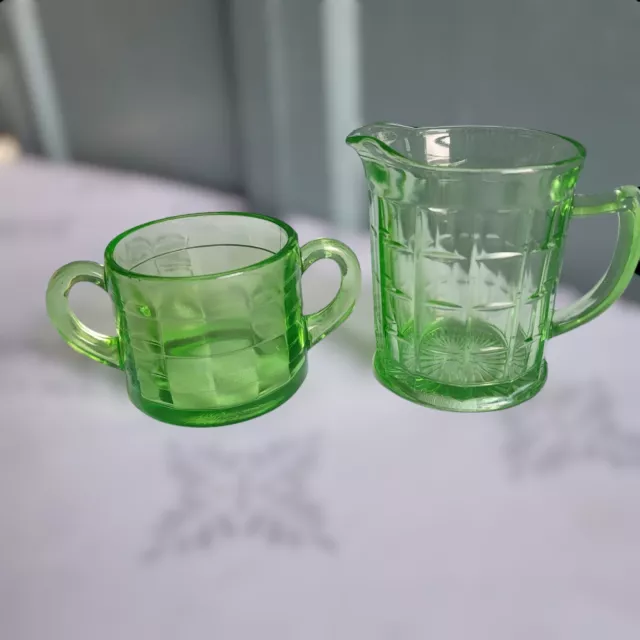 Vintage Anchor Hocking Block Optic Green Uranium Vaseline Glass Sugar & Creamer