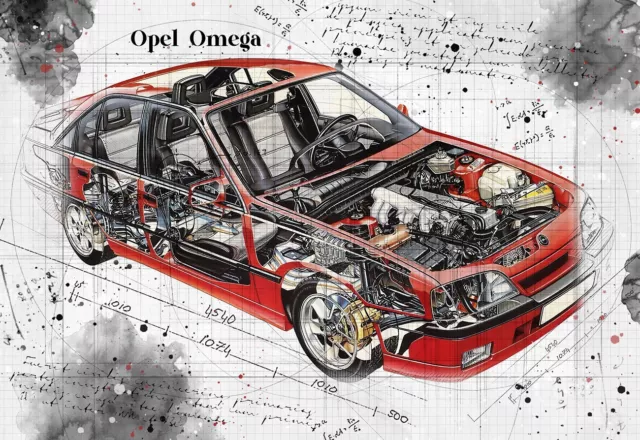 Line Tech Drawing   Opel  Omega     Auto Car Classic Cutaway Art Poster Print