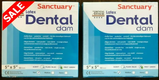 2 BOX 104 Pcs Sanctuary Dental Rubber Dam Latex 5X5 Thin Mint Green 52/PK