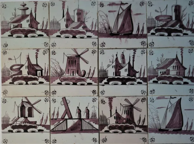 28 SUPERB Dutch Delftware Delft faience tile carreaux sailboats, windmills etc. 3