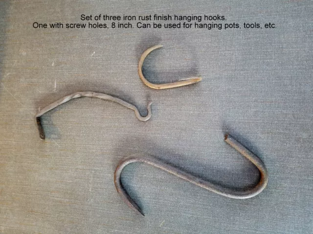 Set 3 Vintage Hooks Rusty Patina Range from 4” to 8 ½" Pot Hangers Hand Forged