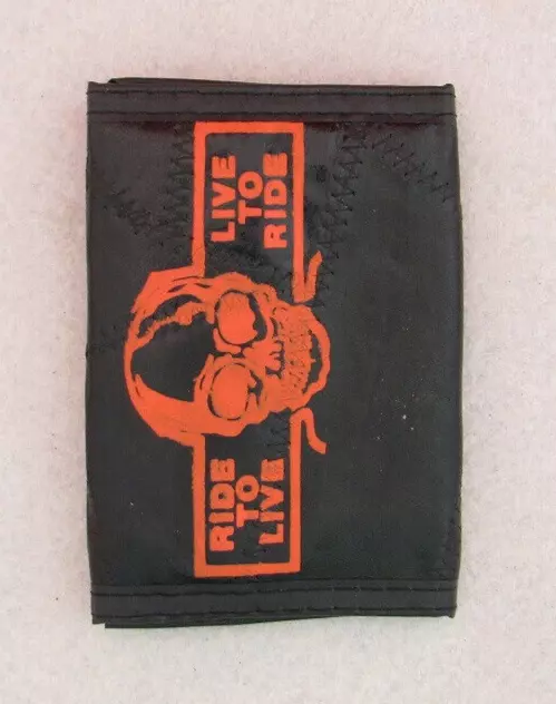 Rare 70s Vintage Leather Nylon Ride To Live Bifold Bker Trucker Wallet Skull USA
