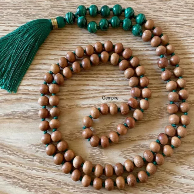 8mm Natural knot Sandalwood Malachite gemstone beads necklace Spiritual Unisex