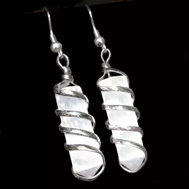 Selenite Wire Wrapped Crystal Earrings Spiral Point Earrings Handmade Silver Wra