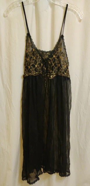 VTG Stroke Of Midnight Size LARGE Sheer Babydoll Lingerie Nylon BLACK GOLD C59