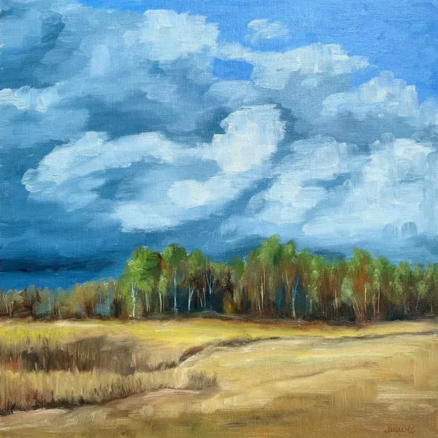 Countryside Painting Landscape Original Art Field Oil Artwork 12x12 by Muura