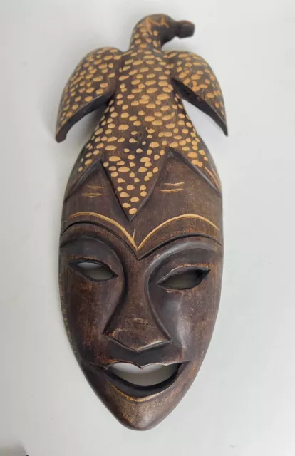 African Wooden Mask Bird Face Brown Hand Carved Tribal Safari Wall Art Hanging