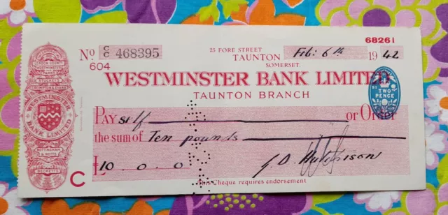 Vintage Cheque - Westminster Bank, Taunton - 1942