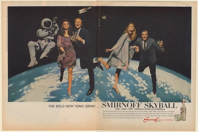 1967 Smirnoff Vodka Skyball Astronaut Couples Floating in Space Double-Page Ad