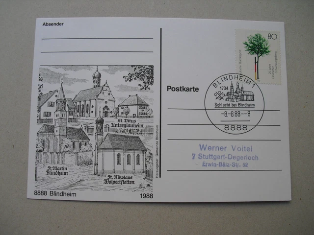 Bund Bildpostkarte 8888 Blindheim gelaufen Sonderstempel 1988