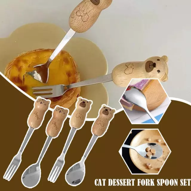 Cute Cat / Bear Dinnerware Set Wood Handle Stainless & Fork Dessert Spoon P8M6