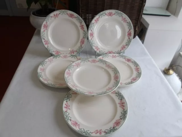 6 ANCIENNES ASSIETTES PLATES rose & vert Longwy Modéle Doris. DIAM 24 CM.