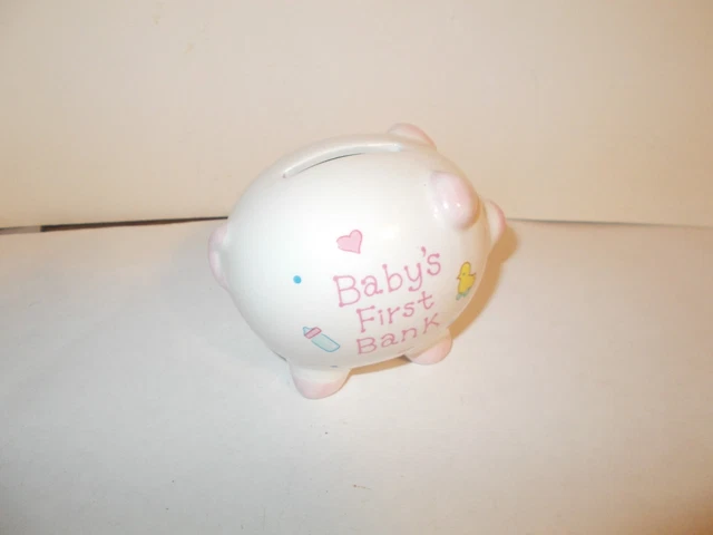 Vintage Russ Berrie GIRL PINK WRITING 3.5"  Baby's First Piggy Bank 15610   NOS