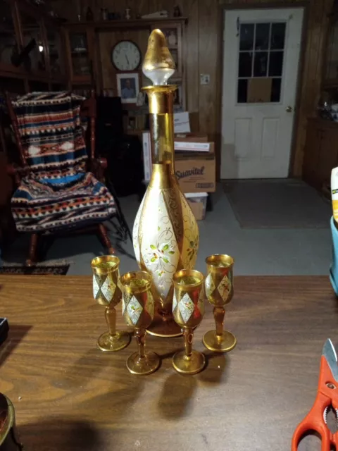 Antique 18kt Gold Painted Blown Glass Liquor Decanter Set .