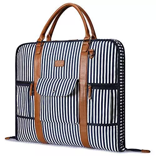 Carry On Garment Bag for Business Travel  Canvas Leather Men Women Blue Stripe