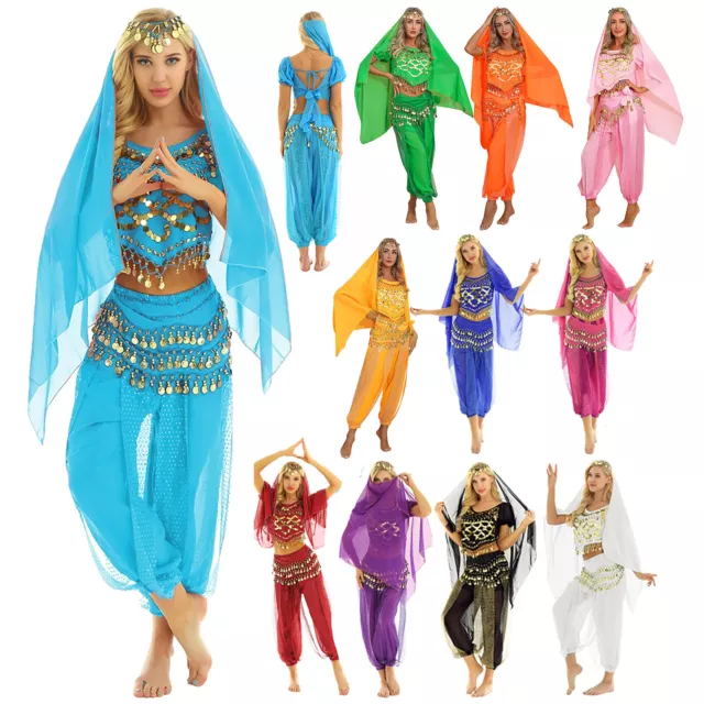 Damen Bauchtanz Kostüm Belly Dance Set Oberteil Haremshose Kopftuch Hüfttuch