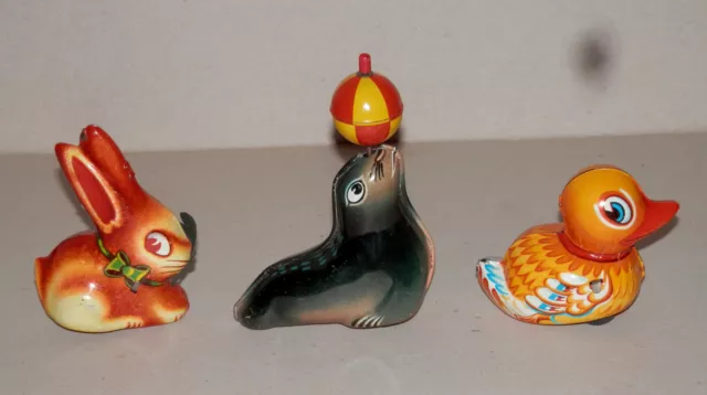 3x Lehmann-Blechspielzeug- Hase HOP-HOP / Seelöwe AHA / Ente PAAK-PAAK -