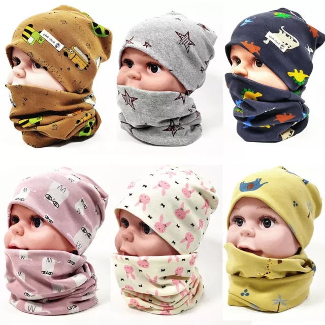 Baby Kids Cotton Beanie Hat Loop Scarf Set Boys Girls Skullies Cap Warm Scarves