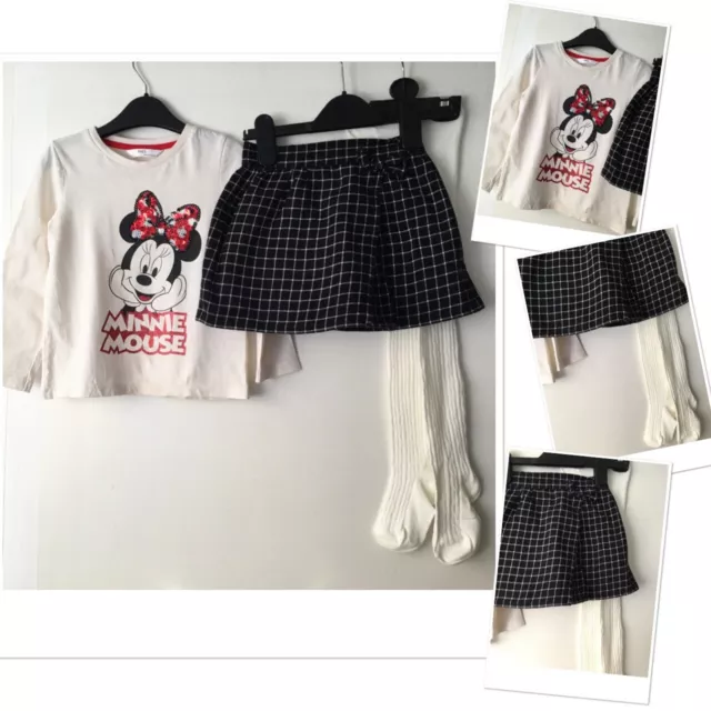 George girls checked skirt & M&S Minnie Mouse top exc u & new tights 3-4 Years