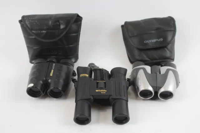 3 x BINOCULARES compactos Inc. Steiner, Nikon y Olympus algunos con fundas originales